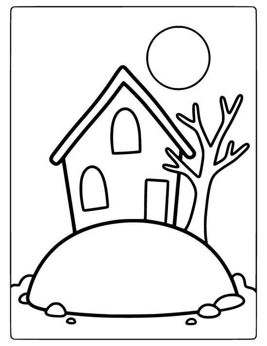Simple haunted house stands on a rounded hill beside a bare tree coloring page