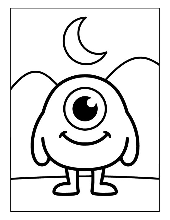 Cheerful one eyed monster stands on rolling hills below a crescent moon coloring sheet