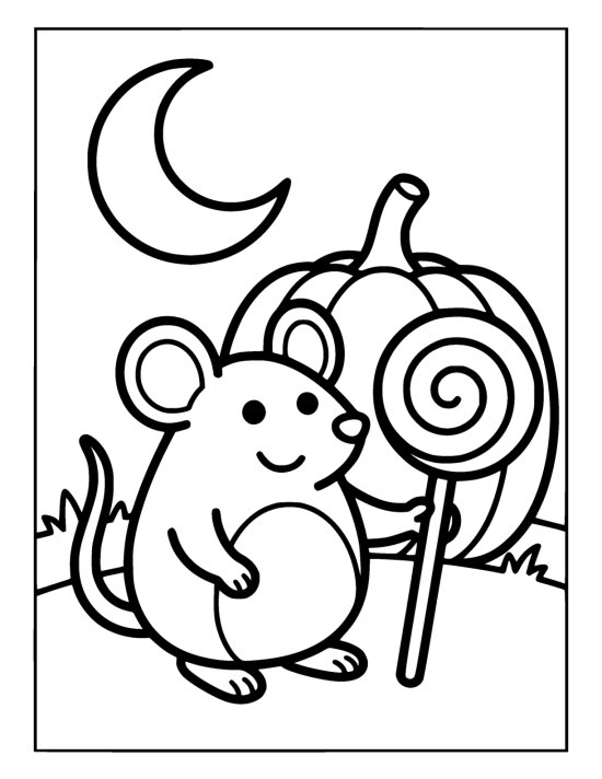 Little mouse grips a swirled lollipop beside a ribbed pumpkin at night drawn bold and easy