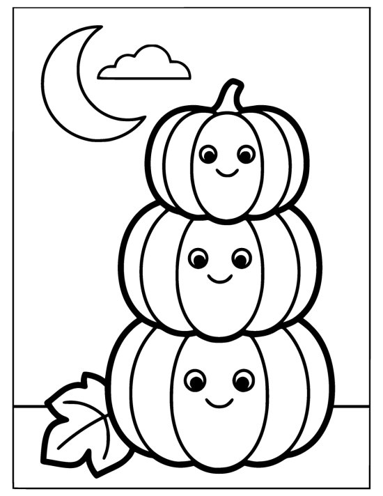 Three smiling pumpkins stacked in a tower beside a fallen leaf drawn bold and easy