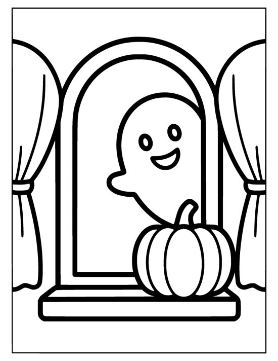 Grinning ghost appears in an arched window above a plump pumpkin coloring page
