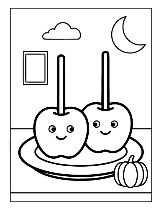 Two smiling candy apples rest on a plate beside a tiny pumpkin coloring sheet