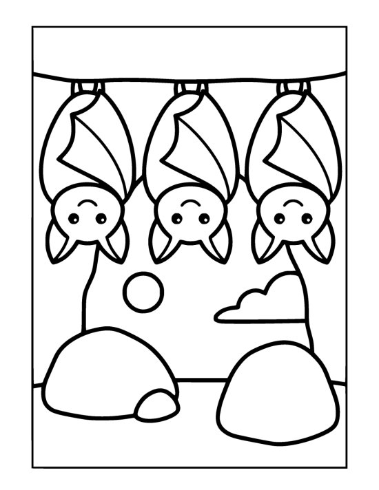 Three round bats hang side by side from a beam above soft hills drawn bold and easy