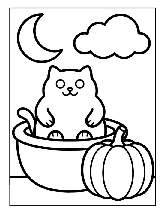 Plump cat settles into a woven basket next to a ribbed pumpkin coloring page