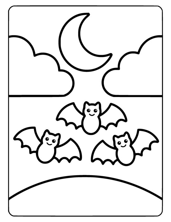 Three cheerful bats flutter across a cloudy sky beneath a crescent moon coloring sheet