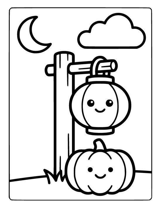 Round lantern hangs from a wooden post above a grinning pumpkin coloring sheet