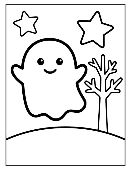 Smiling ghost floats past a bare tree beneath two chunky stars coloring page