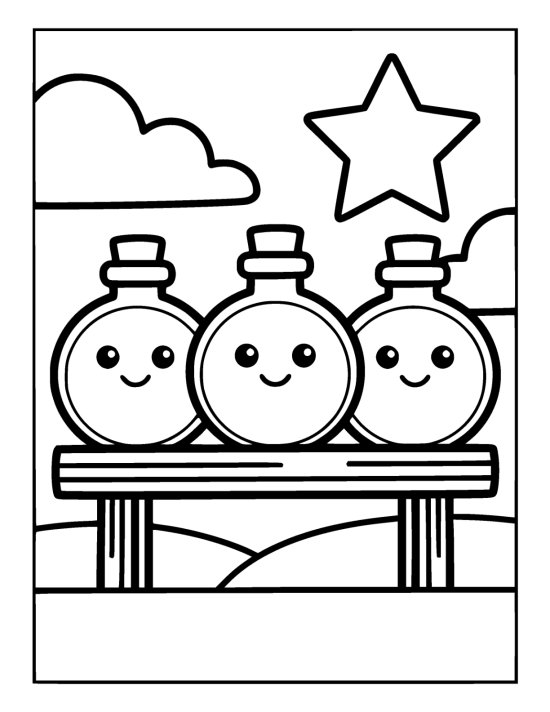 Three smiling potion bottles line a wooden bench below a chunky star coloring page