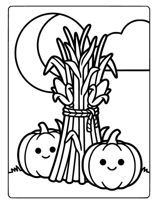 Tied bundle of corn stalks stands between two smiling pumpkins at night drawn bold and easy