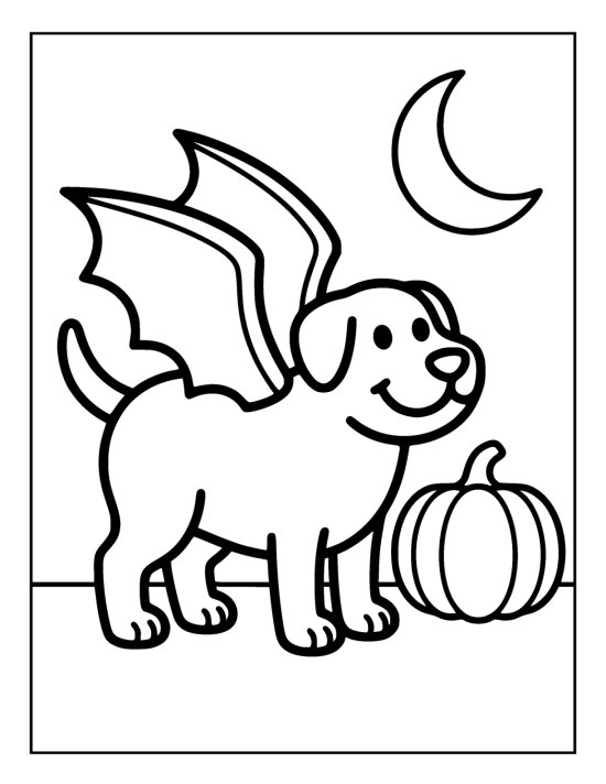 Happy puppy sprouting bat wings trots beside a ribbed pumpkin under the moon drawn bold and easy
