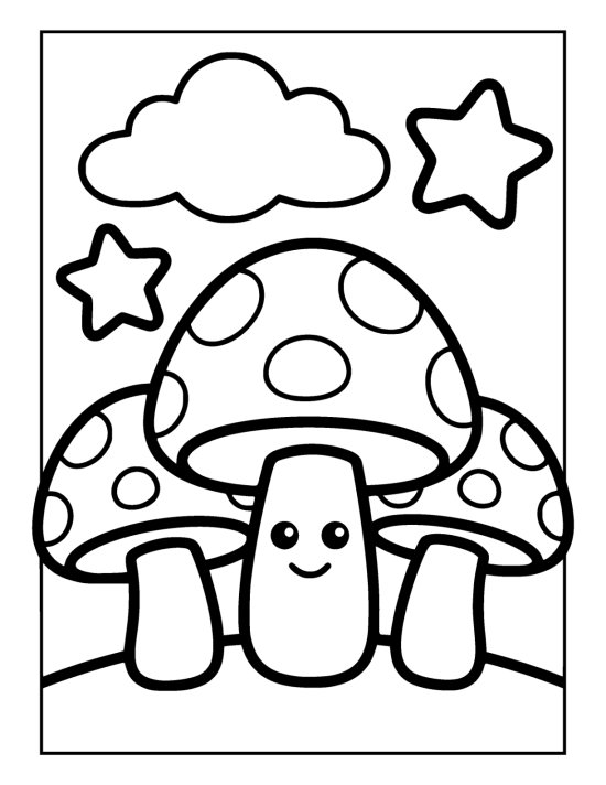 Three spotted mushrooms cluster together below a puffy cloud and stars coloring page
