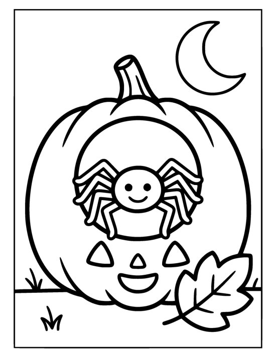 Smiling spider sits inside the mouth of a carved jack o lantern coloring sheet