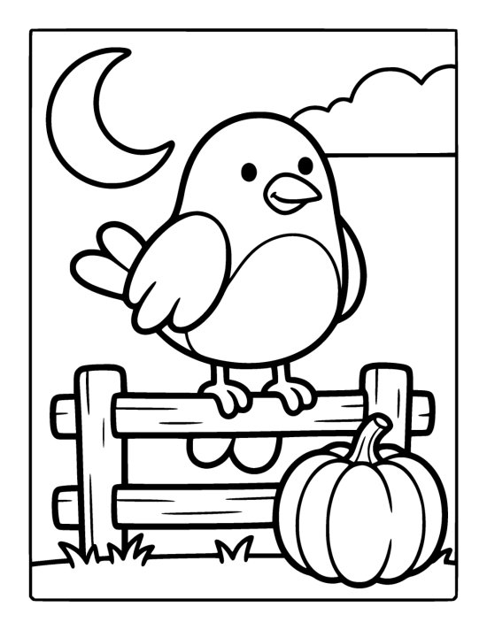 Round bird rests on a fence rail beside a ribbed pumpkin coloring page