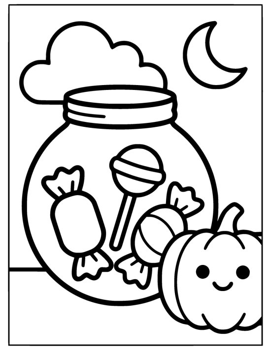 Glass jar packed with lollipops and wrapped sweets leans against a smiling pumpkin coloring sheet
