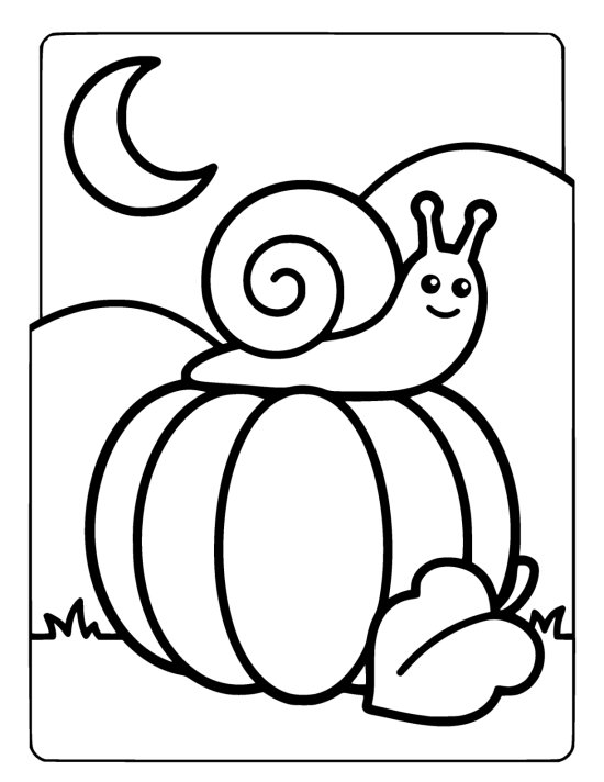 Cheerful snail rests on a wide pumpkin beside a fallen leaf drawn bold and easy
