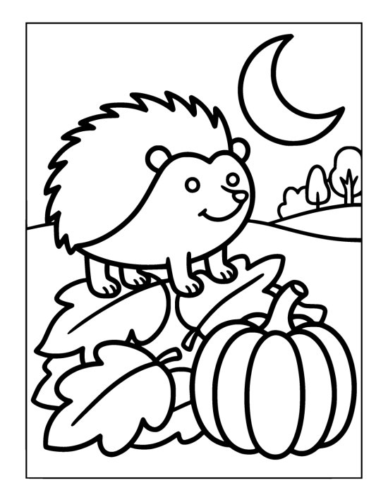 Smiling hedgehog perches on a heap of autumn leaves beside a pumpkin drawn bold and easy