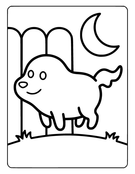 Floating ghost puppy hovers above the grass near a pale fence coloring page