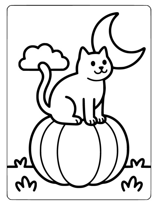 Curious cat sits atop a large ribbed pumpkin under a crescent moon coloring sheet