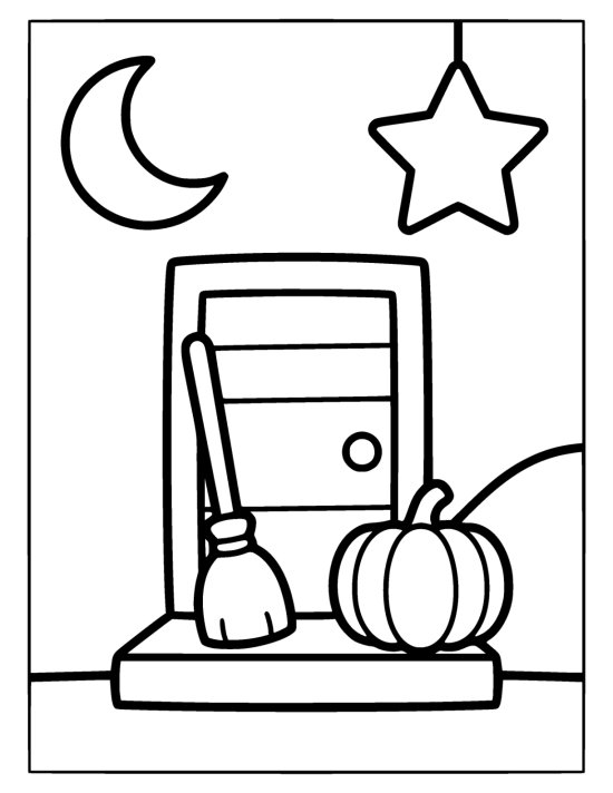 Broom leans by a closed door beside a ribbed pumpkin under a hanging star coloring sheet