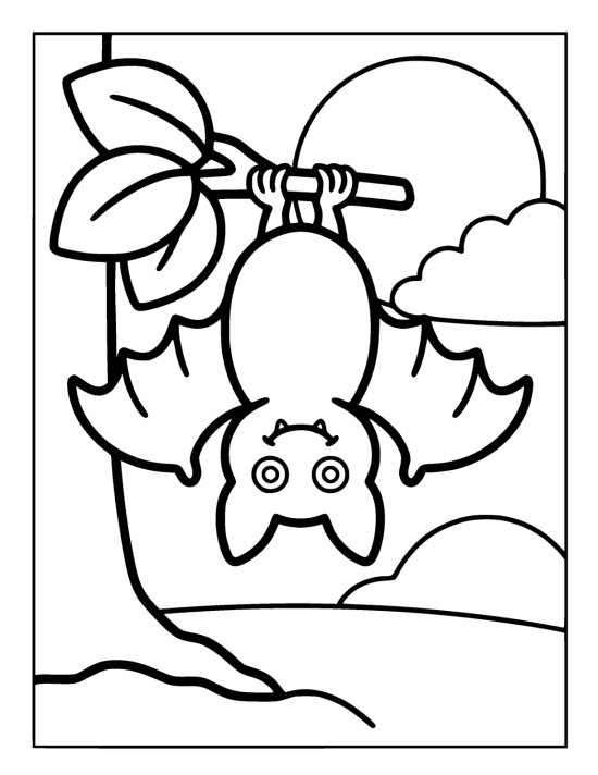 Sleepy bat hangs upside down from a branch against a full moon coloring page