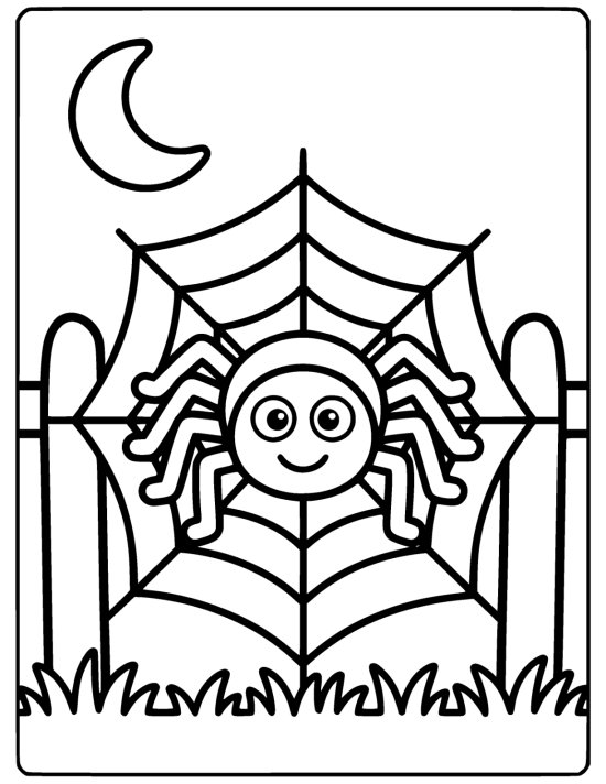 Smiling spider waits on a web spun between two fence posts at night coloring sheet