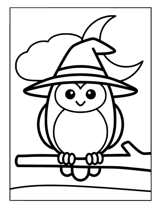Small owl in a witch hat perches on a bare branch at night drawn bold and easy