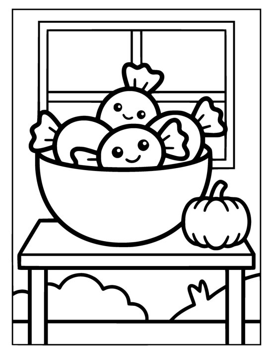 Bowl heaped with smiling wrapped candies sits on a table beside a pumpkin coloring sheet