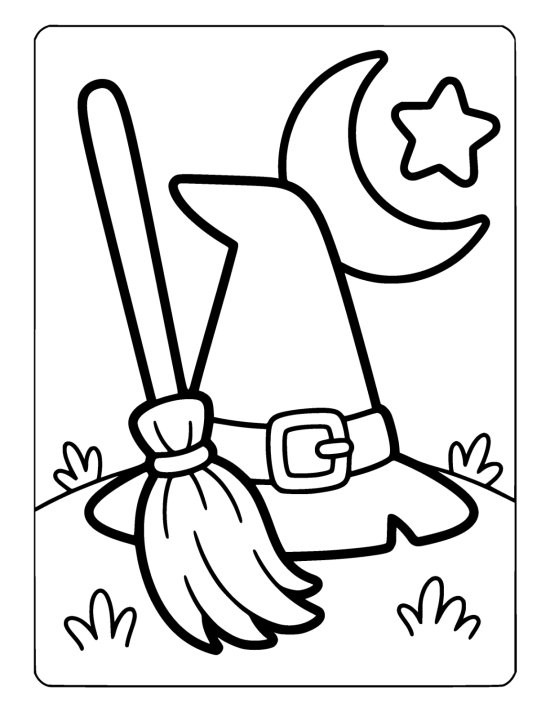 Buckled witch hat leans against a straw broom under a moon and star coloring page