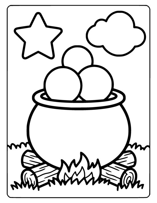 Round cauldron filled with bubbles rests above a crackling fire in the grass drawn bold and easy