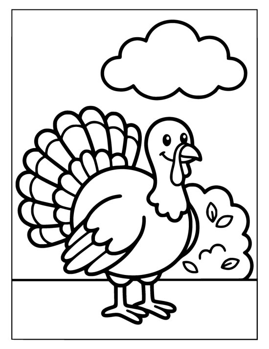 Big round turkey with a fanned tail standing on grass below a puffy cloud on a coloring page