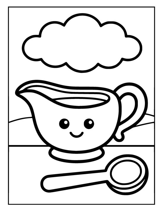 Smiling gravy boat beside a ladle on flat ground below a puffy cloud on a coloring sheet