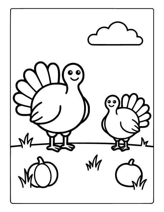 Two round turkeys standing on grass beside two pumpkins below a cloud on a coloring page