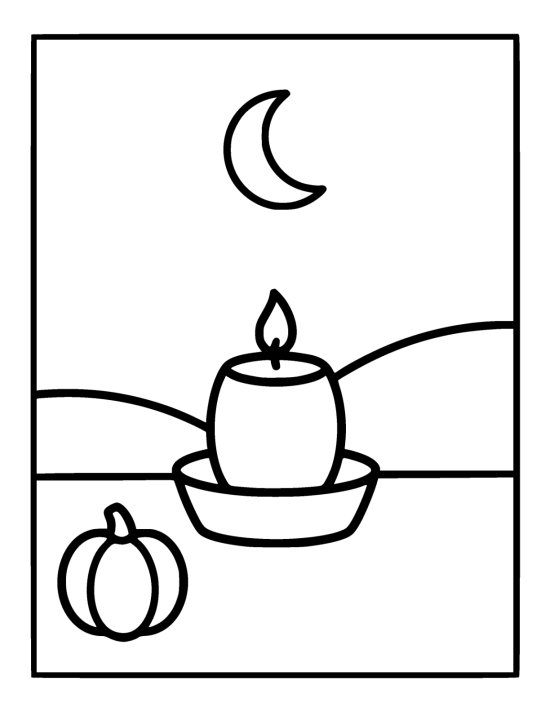Fat round candle burning in a wide holder beside a small pumpkin below a crescent moon on a coloring sheet