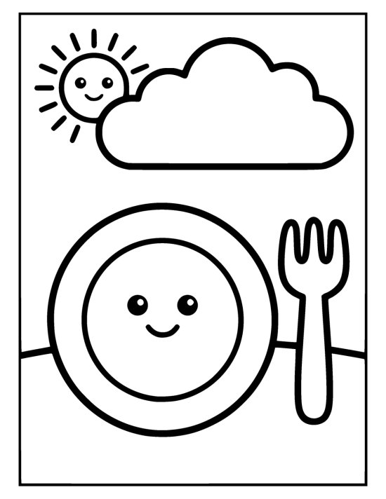 Smiling round plate beside a fork below a smiling sun and a cloud on a coloring page