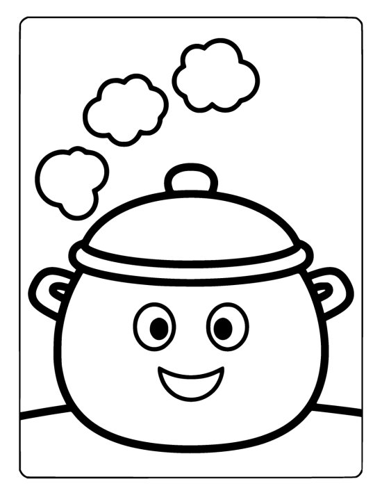 Smiling cooking pot with a domed lid and three round steam puffs rising above it on a coloring sheet