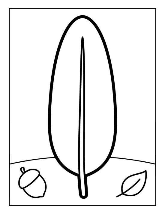Single large turkey feather standing upright between an acorn and a fallen leaf on a coloring page