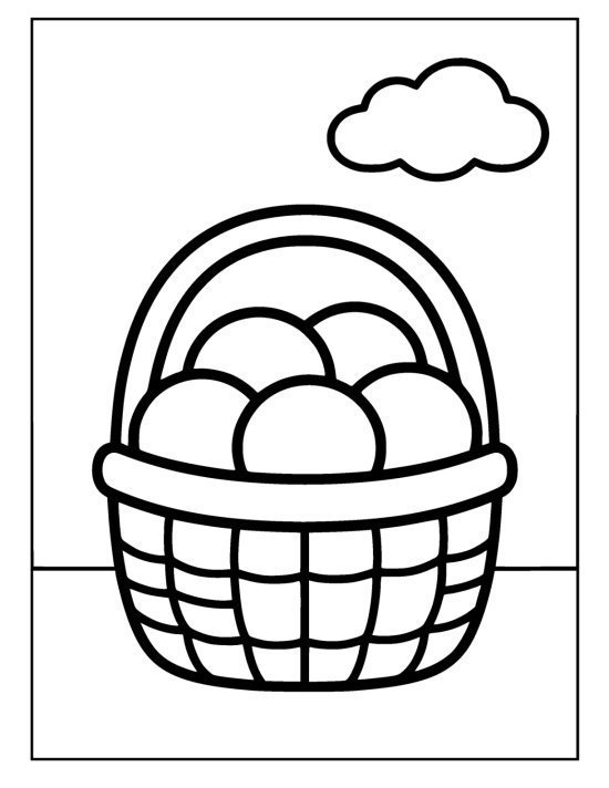 Woven basket filled with round bread rolls below a small cloud on a coloring sheet