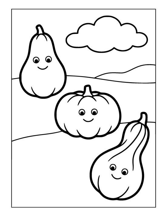 Three smiling gourds, a pear shape, a pumpkin and a long squash, sitting on rolling ground on a coloring page