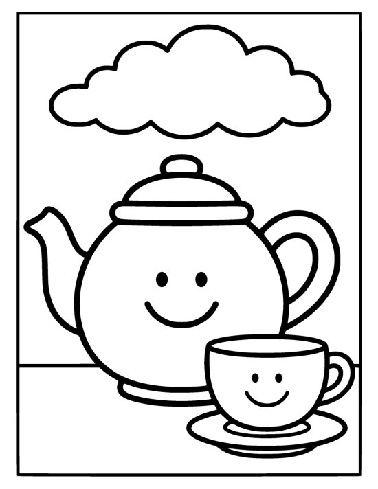 Smiling teapot beside a cup on a saucer below a puffy cloud on a coloring sheet
