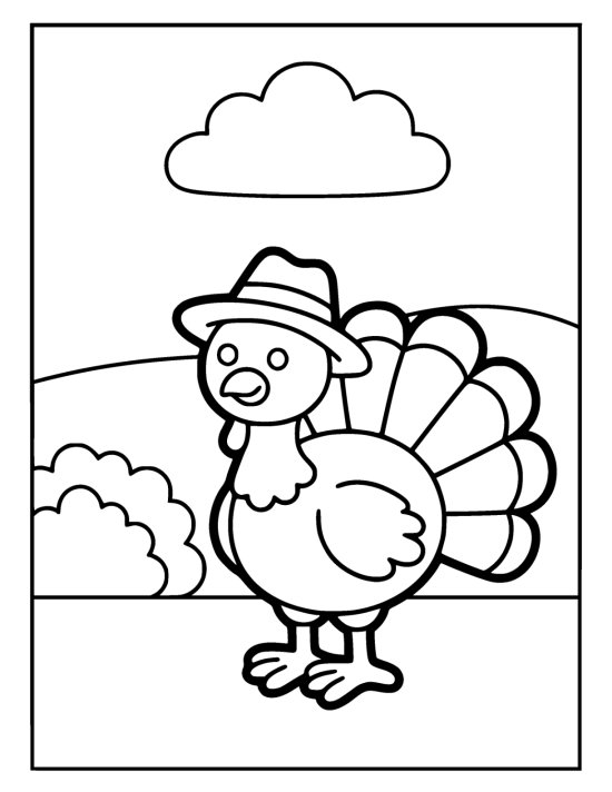 Round turkey wearing a wide floppy hat standing on grass beside a bush on a coloring page