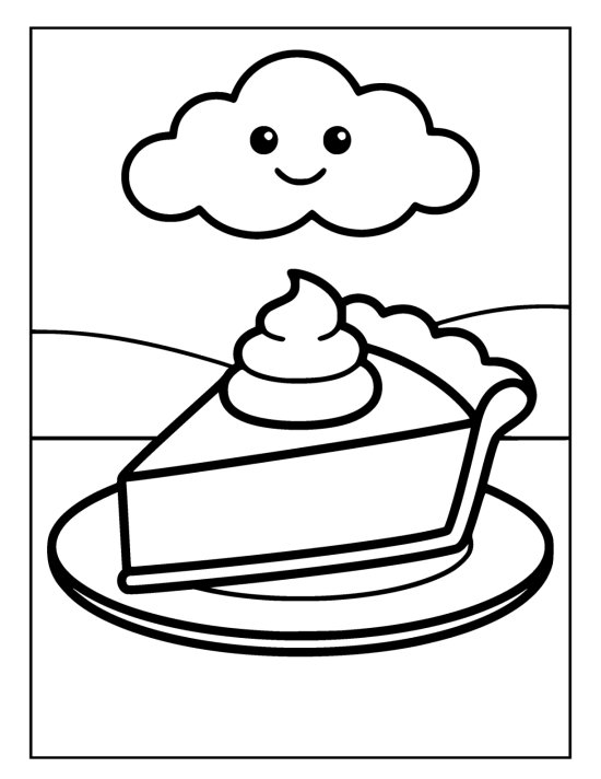 Thick slice of pumpkin pie with a swirl of cream on a plate below a smiling cloud on a coloring sheet