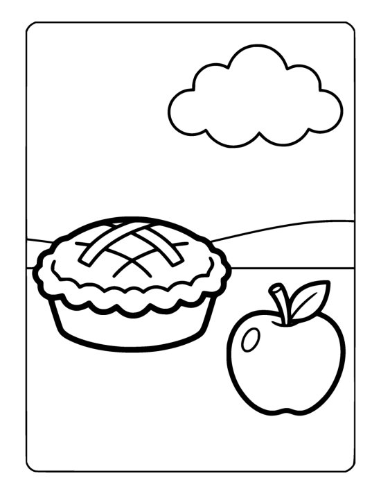 Whole lattice topped pie beside an apple on rolling ground below a cloud on a coloring sheet