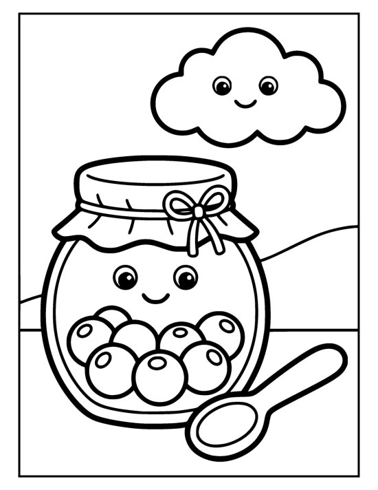 Smiling jar of preserves with a cloth lid and a bow beside a spoon on a coloring page