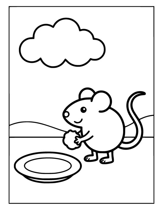 Small mouse holding a crumb beside an empty plate below a puffy cloud on a coloring sheet
