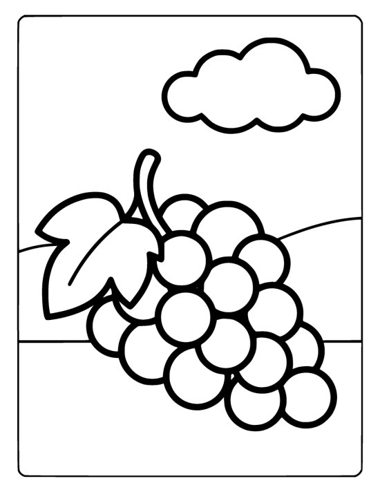 Large bunch of grapes with one leaf on rolling ground below a cloud on a coloring page