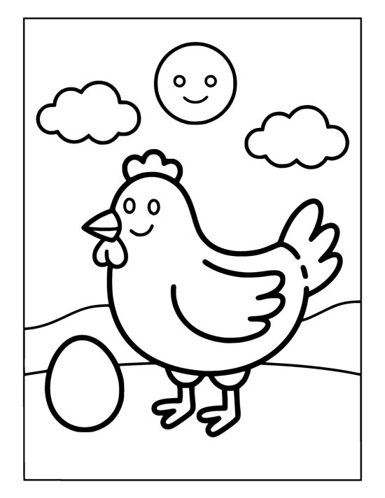 Round hen with a comb and a pointed beak standing on grass beside an egg below a smiling sun on a coloring sheet
