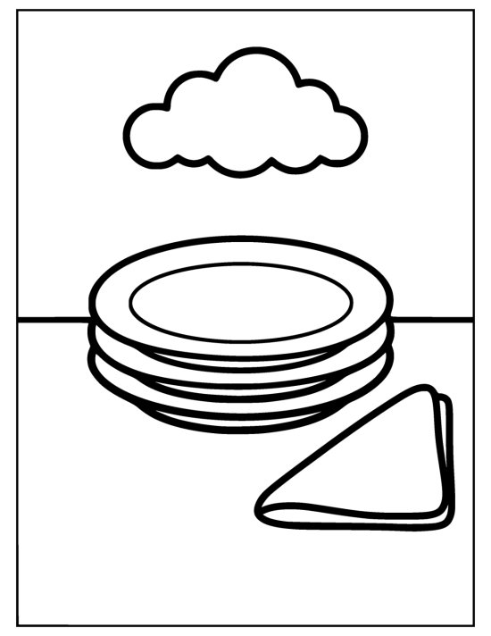 Stack of three round plates beside a folded napkin below a puffy cloud on a coloring page