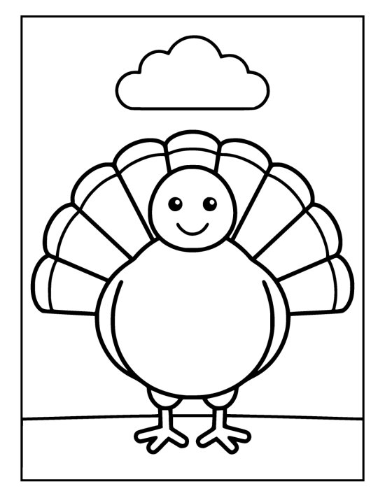 Round turkey seen from the front with its tail fanned behind it below a cloud on a coloring sheet