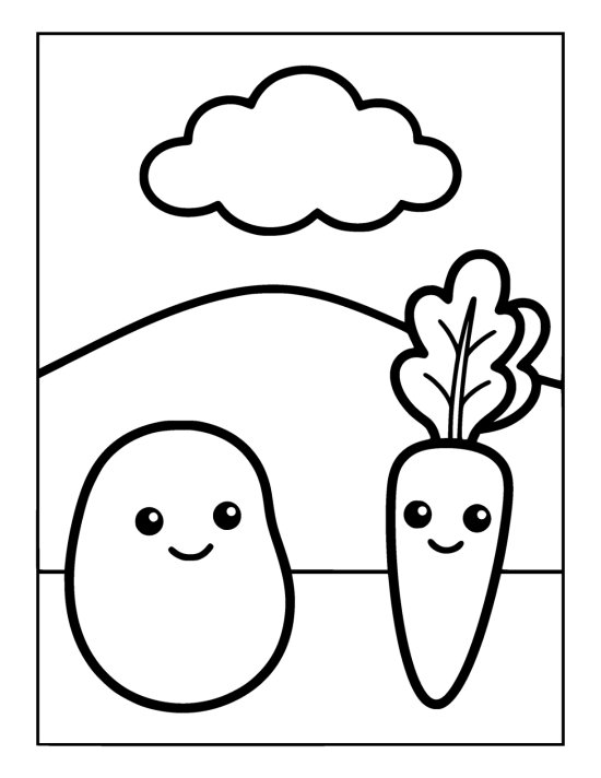 Smiling carrot and smiling potato standing side by side on rolling ground below a cloud on a coloring page