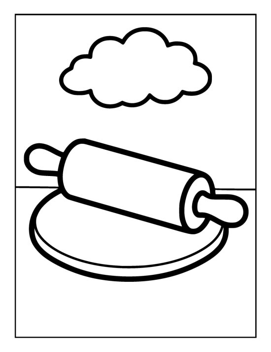 Rolling pin resting on a round of dough below a puffy cloud on a coloring sheet